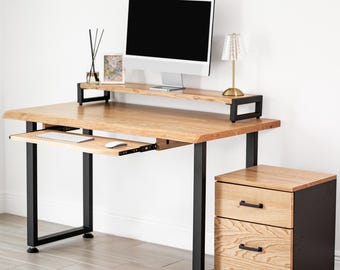 Bureau d'ordinateur en chêne blanc massif avec bord naturel et plateau pour clavier en option - Bureau en bois massif clair (30"/48"/60")