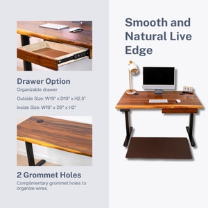Ergonomic live edge desk crafted from walnut wood, featuring the natural wood edge and optional drawer storage for convenience. Ideal for those seeking a unique desk with drawer, blending functionality with the organic elegance of solid wood.
