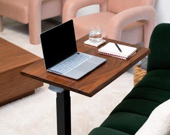 Solid Walnut Mobile Laptop Desk: Live Edge C-Shaped Table, Pneumatic Lift, Hidden Wheels