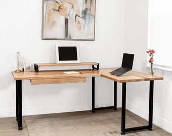 Bureau d'angle en chêne blanc massif en forme de L – Bureau d'angle en bois massif avec tiroir, plateau pour clavier et étagère pour écran en option.