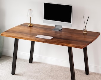 Bureau d'ordinateur extra profond en noyer massif avec pieds en métal modernes | Bureau avec étagère optionnelle