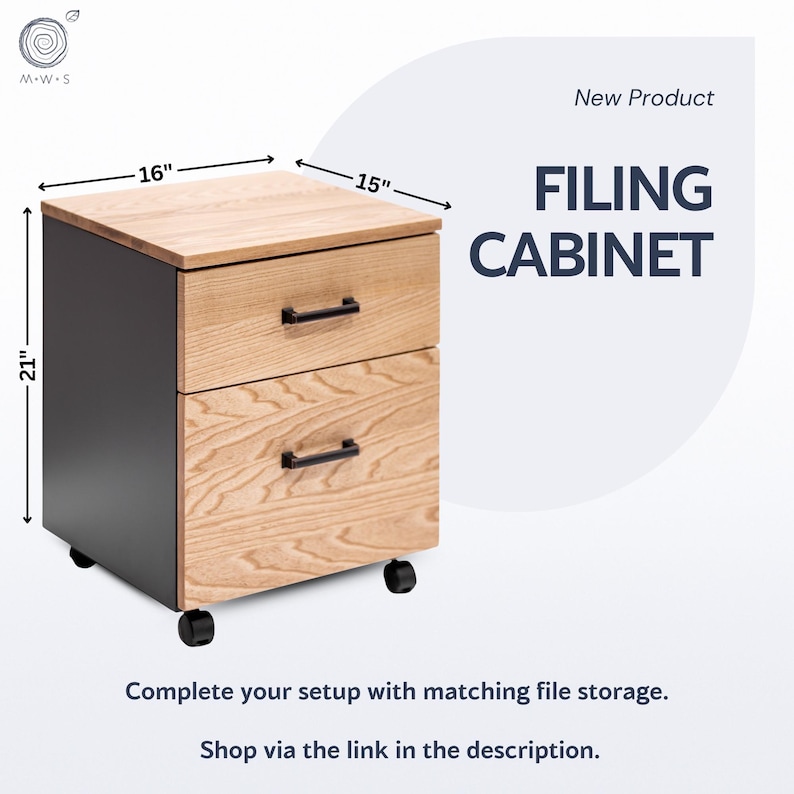 May include: A two-drawer filing cabinet with a light wood grain finish on the drawers and top, and a dark gray body. The cabinet is 16 inches wide, 15 inches deep, and 21 inches tall. It has black handles and sits on black wheels. The text "FILING CABINET" is displayed.