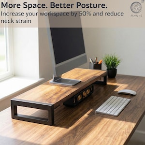 May include: Walnut monitor stand on a solid wood desk, designed to increase workspace space, improve monitor height, and support better posture in a modern office setup.