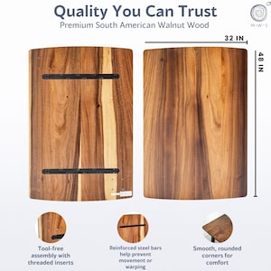 May include: Two wooden tabletops made of South American walnut, each with a unique grain pattern. The panels are 32 inches wide and 48 inches tall. Features include tool-free assembly, reinforced steel bars, and smooth, rounded corners. The text reads "Quality You Can Trust".