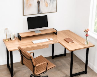 White Oak L Shaped Desk — Solid Wood Corner Desk with Optional Drawer / Keyboard Tray / Monitor Shelf