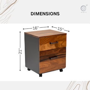 May include: A two-drawer file cabinet with a black base and a wood top. The cabinet has two drawers with metal handles and is on wheels. The cabinet measures 21 inches tall, 16 inches wide, and 15 inches deep.