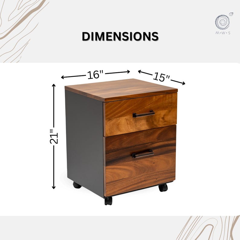 May include: A two-drawer file cabinet with a black base and a wood top. The cabinet has two drawers with metal handles and is on wheels. The cabinet measures 21 inches tall, 16 inches wide, and 15 inches deep.