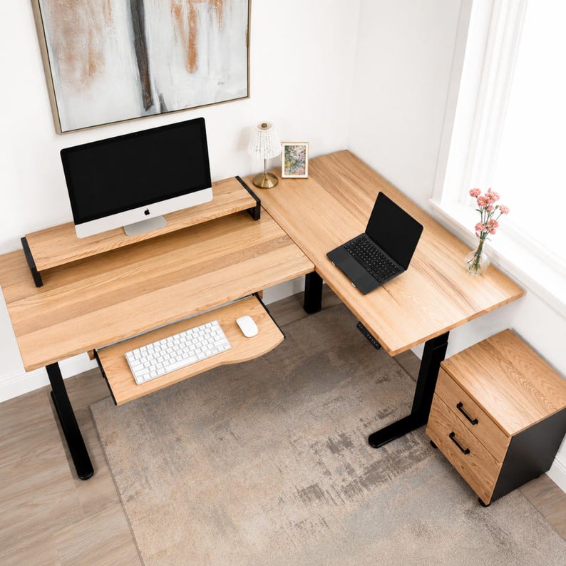 White Oak L-shaped Standing Desk — Electric Height-adjustable Corner ...