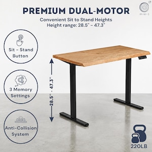 May include: an electric standing desk with a white oak wood desktop. The wood desk has a control panel with buttons for sit-stand, memory settings, power saving, and an anti-collision system. The live edge desk is adjustable from 28.5 inches to 47.3 inches and has a weight capacity of 220 pounds. The desk is also equipped with a premium dual motor for smooth and quiet operation. The office desk is displayed against a white background, accompanied by icons and text that describe its features.