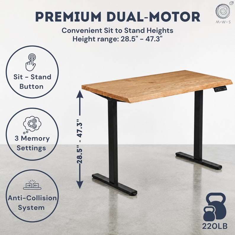 May include: an electric standing desk with a white oak wood desktop. The wood desk has a control panel with buttons for sit-stand, memory settings, power saving, and an anti-collision system. The live edge desk is adjustable from 28.5 inches to 47.3 inches and has a weight capacity of 220 pounds. The desk is also equipped with a premium dual motor for smooth and quiet operation. The office desk is displayed against a white background, accompanied by icons and text that describe its features.