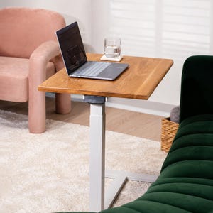 Solid White Oak Adjustable Laptop Table with Pneumatic Lift and Hidden Wheels