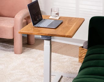 Solid White Oak Adjustable Laptop Table with Pneumatic Lift and Hidden Wheels