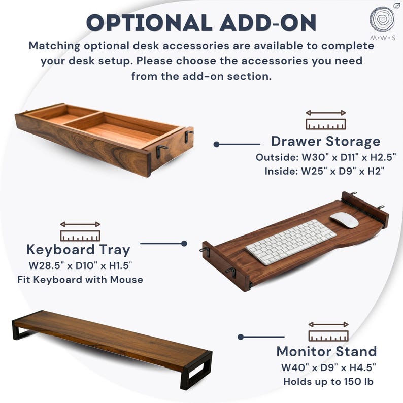 May include: Optional solid wood desk add-ons including drawer storage, keyboard tray, and monitor stand, designed to match walnut desks and complete a modern home office setup.