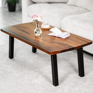 Walnut Coffee Table – Solid Wood Coffee Table Set with End Table, Modern Coffee Table with Metal Legs, Small Wood Table for Living Room