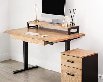 Bureau assis-debout en chêne blanc massif avec tiroir - Hauteur réglable électriquement | Bureau moderne en chêne pour bureau à domicile