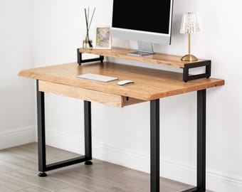 Bureau d'ordinateur en chêne blanc massif avec bord naturel et tiroir - Bureau moderne en bois massif pour la maison