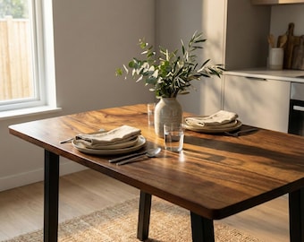 Table de salle à manger en bois massif avec banc – Table de cuisine artisanale en noyer | Table pour 4 ou 6 personnes