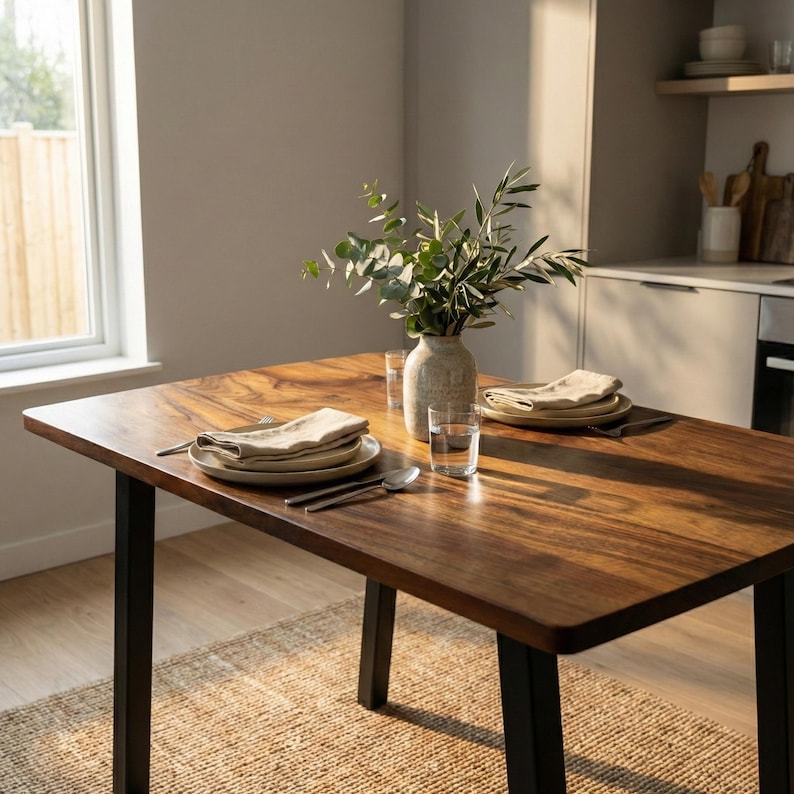 May include: Solid wood dining table in natural walnut with black metal legs, styled in a bright dining room with plates, silverware, glasses, and a vase centerpiece.