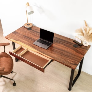 Desk Walnut Live Edge, Computer Desk with Long Drawer, Wood Desk, Solid Wood Desk, Home Office Desk, Modern Desk, Rustic Desk zdjęcie 4