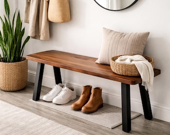 Banc d'entrée en noyer massif | Pieds en métal thermolaqué | Montage sans outil | 122 cm / 152 cm