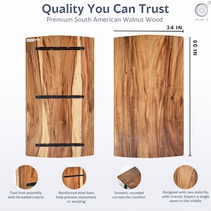 May include: Two wooden table tops made of South American walnut wood. The tables are 34 inches wide and 60 inches long. The text on the image says "Quality You Can Trust". Features include tool-free assembly, reinforced steel bars, and rounded corners.