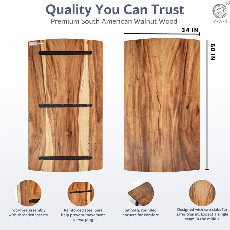 May include: Two wooden table tops made of South American walnut wood. The tables are 34 inches wide and 60 inches long. The text on the image says "Quality You Can Trust". Features include tool-free assembly, reinforced steel bars, and rounded corners.