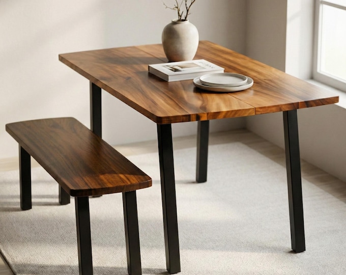 Featured listing image: Walnut Dining Table Set with Benches - Solid Wood Kitchen Table | Dining Room Table Seats 4–6