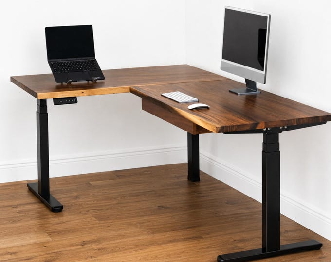 Featured listing image: L Shaped Walnut Standing Desk - Solid Wood Corner Desk | Adjustable Height