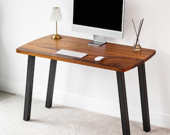 Extra Deep Walnut Computer Desk - Solid Wood Desk with Modern Metal Legs | Office Writing Desk with Optional Shelf