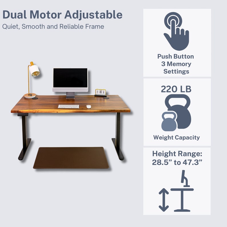 Adjustable height desk legs allow you to adjust the height with a push button. Standing desk equipped with 3 memory settings, 220 lb weight capacity, and sit stand height range between 28.5 to 47.3. Perfect combination for home office desk setup.
