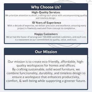 May include: MWS Studio brand information graphic highlighting high-quality solid wood furniture, 10 years of experience, happy customers, and a mission to create eco-friendly affordable workspaces.