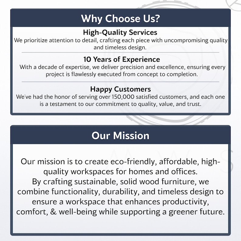 May include: MWS Studio brand information graphic highlighting high-quality solid wood furniture, 10 years of experience, happy customers, and a mission to create eco-friendly affordable workspaces.