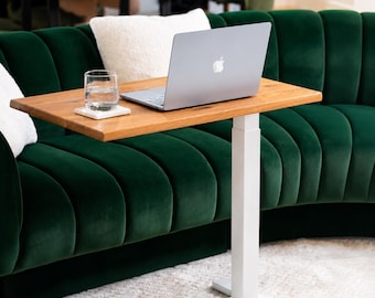 Solid White Oak Adjustable Laptop Table with Pneumatic Lift and Hidden Wheels
