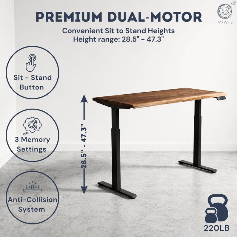 May include: A premium dual-motor sit-stand desk with a live edge wood top and black legs. The height range is 28.5" - 47.3". Features include a sit-stand button, 3 memory settings, and an anti-collision system. It has a 220 LB weight capacity.