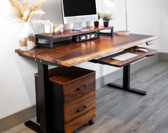 Standing Desk - Walnut Desk | Live Edge Desk with Drawer | Sit Stand Desk | Solid Wood Desk | Stand Up Desk with Keyboard Tray
