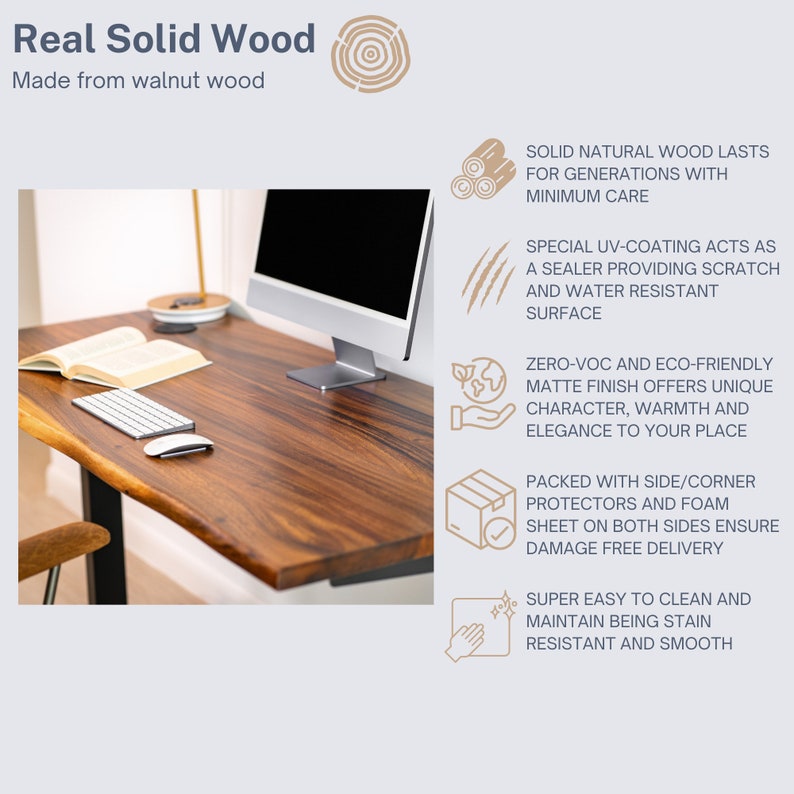 Solid wood desk with a live edge, crafted from durable walnut hardwood, combining rustic charm with modern functionality. A computer desk that's height adjustable, perfect for anyone who looking to enhance their workspace with ergonomic design.