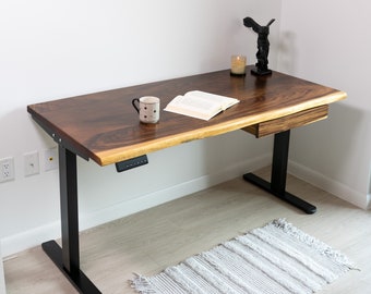 Standing Desk - Live Edge Desk, Walnut Solid Wood, Sit Stand Desk, Desk with Drawer, Office Desk, Adjustable Desk, Modern Rustic Desk