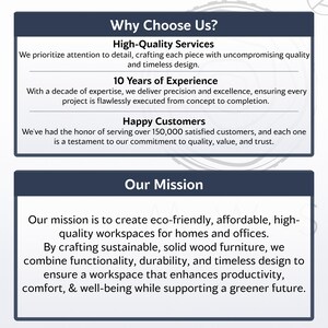 May include: A navy blue graphic with white text that reads "Why Choose Us?" and "Our Mission." The text describes high-quality services, 10 years of experience, and happy customers. The mission is to create eco-friendly workspaces.