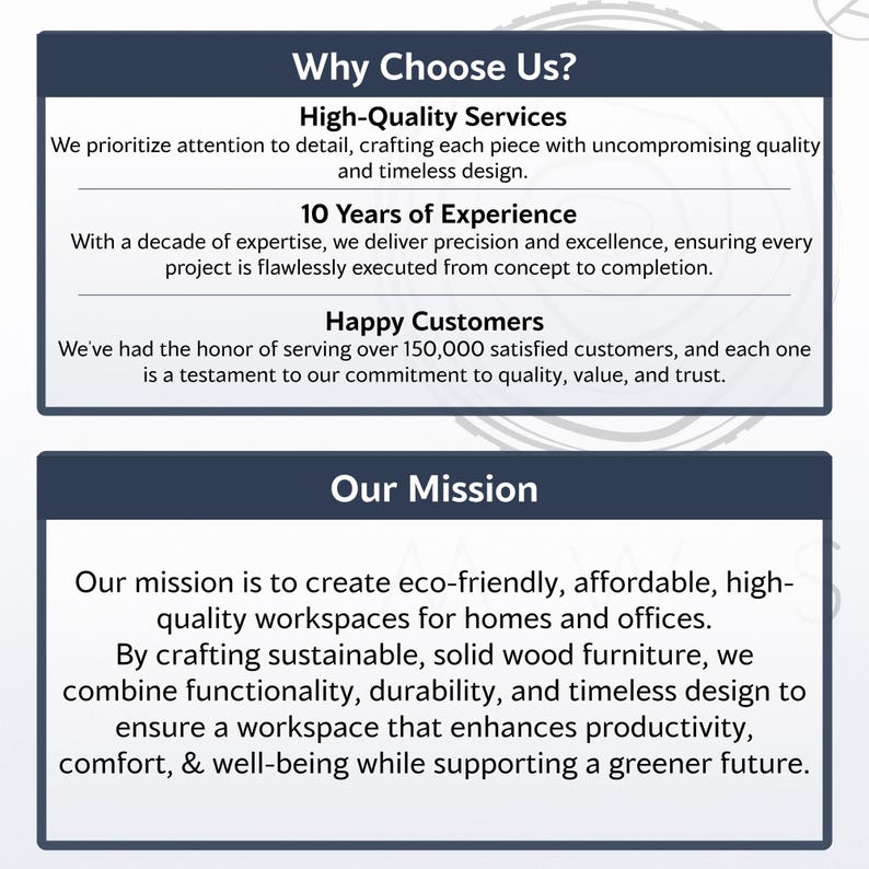 May include: A navy blue graphic with white text that reads "Why Choose Us?" and "Our Mission." The text describes high-quality services, 10 years of experience, and happy customers. The mission is to create eco-friendly workspaces.