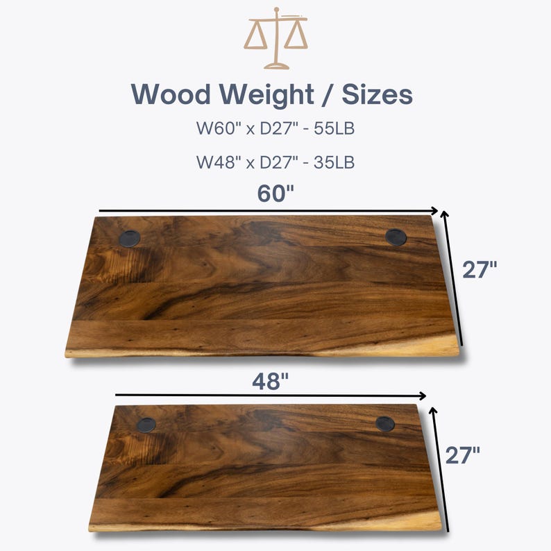 May include: Two wooden desk tops, one 60 inches wide and one 48 inches wide. Both are 27 inches deep. The wood is a dark brown with a natural wood grain pattern.