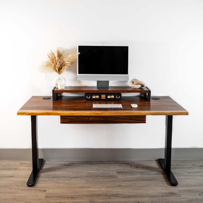 May include: A dark-wood desk with a black metal adjustable-height frame and a drawer. A computer monitor, keyboard, and mouse are on the desk. A small plant is on the desk to the left of the monitor.