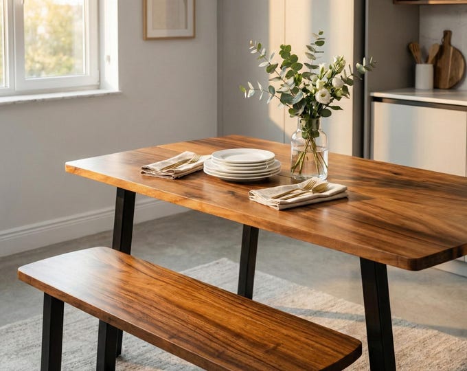 Featured listing image: Walnut Dining Table Set with Benches - Solid Wood Kitchen Table | Dining Room Table Seats 4–6