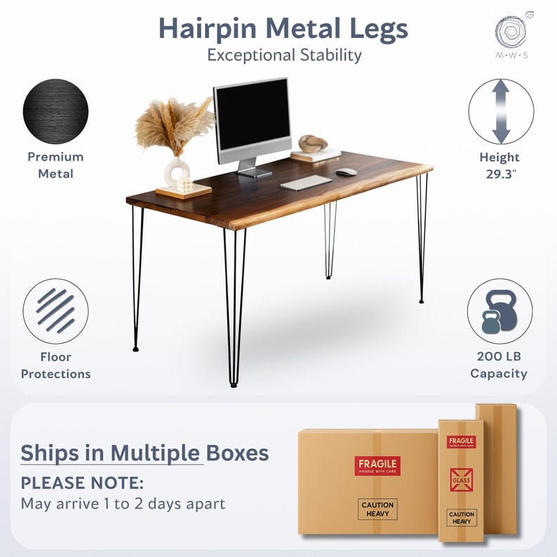 May include: A dark wood desk with black hairpin metal legs. The desk has a live edge design and supports a computer monitor, keyboard, and mouse. The desk height is 29.3 inches and has a 200 LB capacity. The text reads "Hairpin Metal Legs, Exceptional Stability."