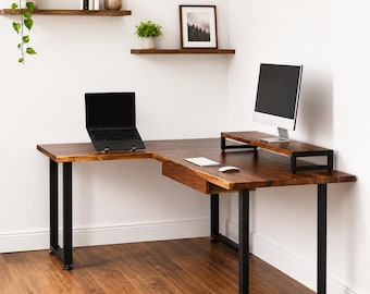 L Shaped Desk - Walnut Solid Wood Corner Desk with Drawer Option, Computer Desk, Walnut Desk, Wood Desk, Office Desk, Reception Desk