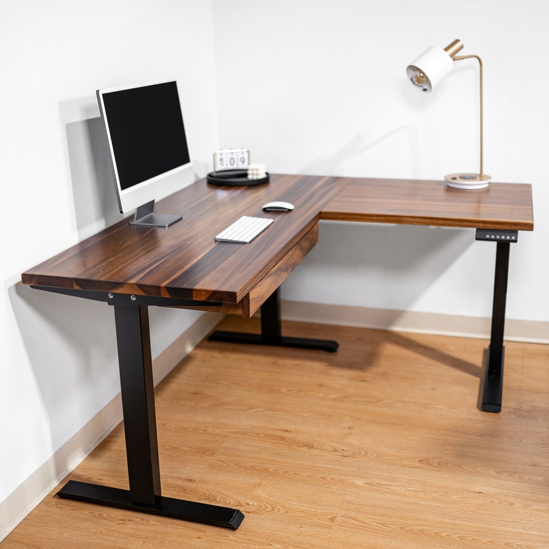 L Shaped Adjustable Standing Desk Walnut Desk Corner Desk L Desk Sit Stand Desk Adjustable Desk Desk L Shaped Desk Solid Wood Etsy