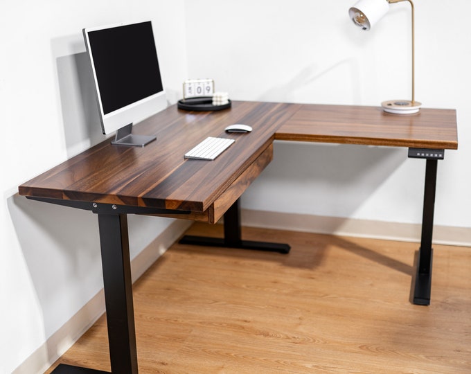 Featured listing image: L Shaped Adjustable Standing Desk - Walnut Desk | Corner Desk | L Desk | Sit Stand Desk | Adjustable Desk | Desk | L Shaped Desk Solid Wood