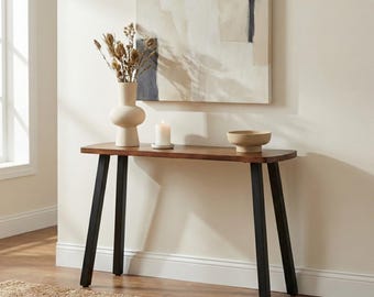 Console en noyer massif avec pieds en métal | Résistante à l'eau et aux rayures | Montage sans outil