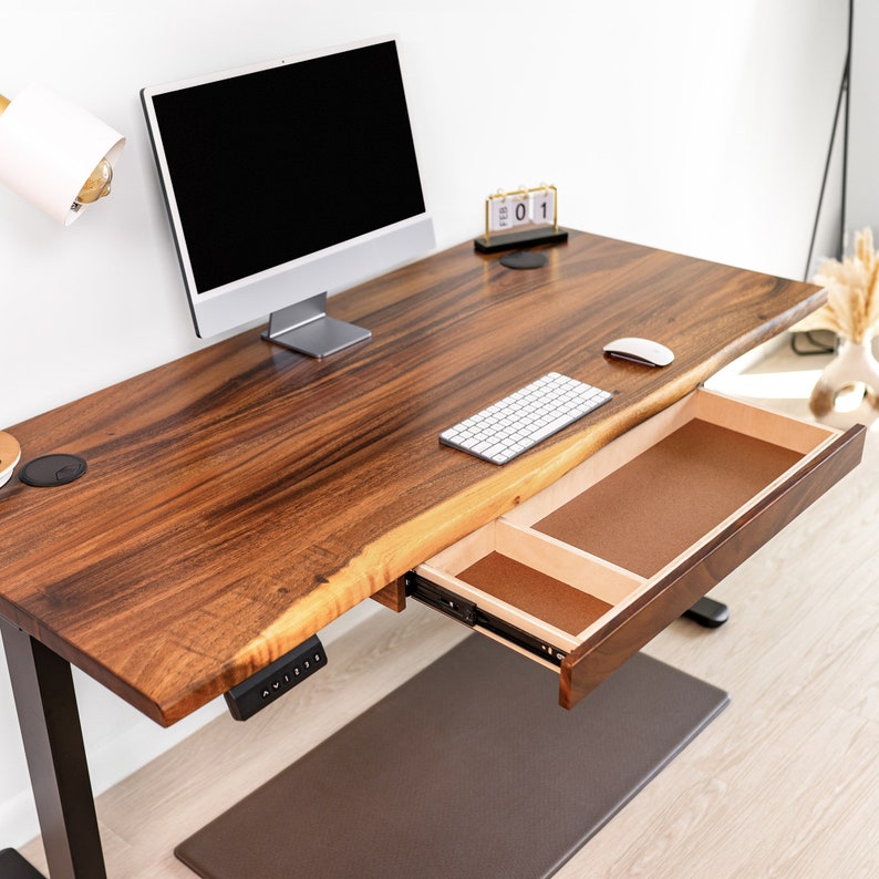 Standing Desk Long Drawer, Walnut Wood, Live Edge Desk Adjustable Height, Sit Stand Desk, Ergonomic Office Furniture image 3