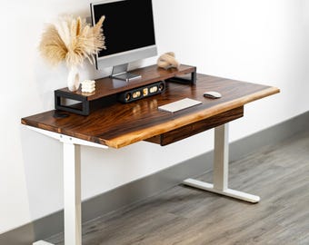 Bureau assis-debout en noyer avec tiroir - Bureau en bois massif à bords naturels | Hauteur réglable par double moteur