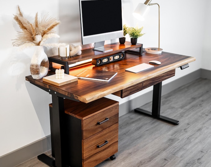 Featured listing image: Walnut Standing Desk With Drawers - Live Edge Solid Wood Desk with Storage | Adjustable Height Desk | Sit Stand desk